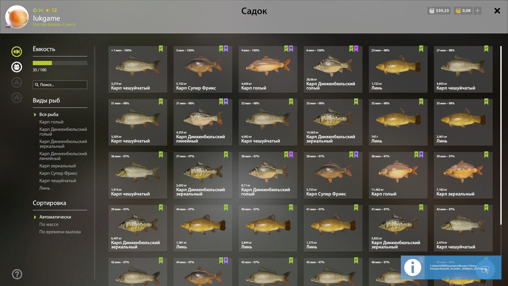 Улов (Карп Динкенбюльский голый, Карасекарп, Карп Супер Фрикс, Линь) на #фарм_rf4map в RF4